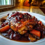 A close-up of a perfectly cooked Red wine braised chicken thigh covered in a rich, dark sauce with carrots and mushrooms.