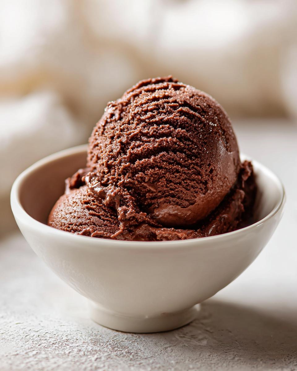A close-up of two scoops of rich, dark chocolate gelato served in a small white bowl.