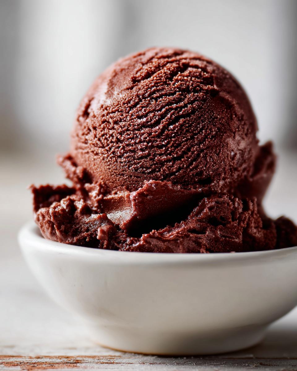 A perfect, dark scoop of rich chocolate gelato served in a small white bowl.