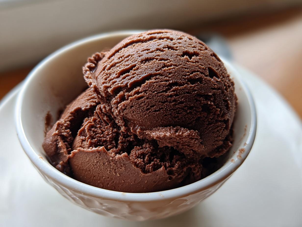 Close-up of two scoops of rich, dark brown chocolate gelato served in a small white bowl.