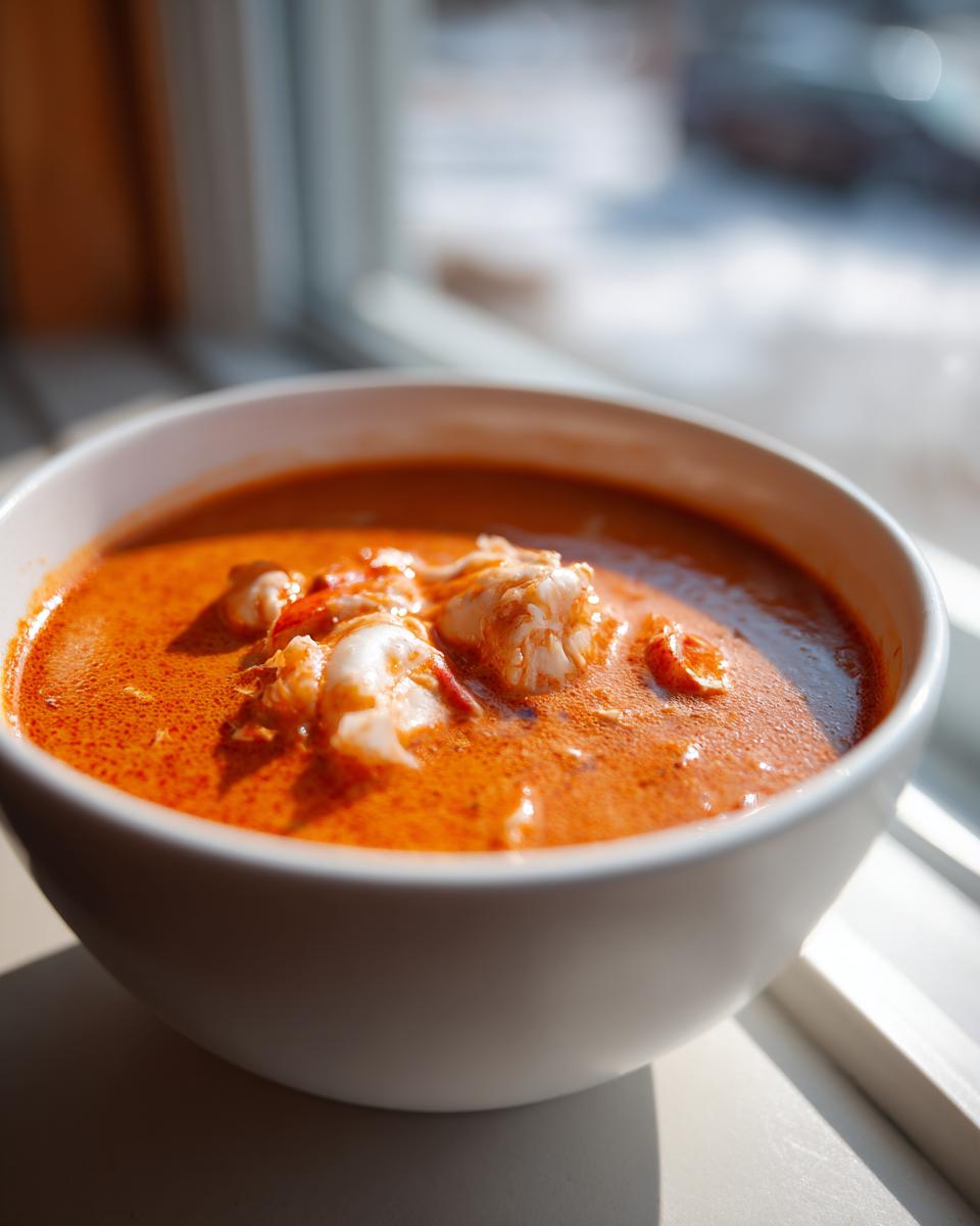 A close-up of a white bowl filled with rich, creamy orange Lobster Bisque topped with visible chunks of lobster meat.