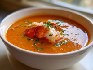 A close-up of a creamy, orange-hued bowl of lobster bisque topped with chunks of bright red and white lobster meat and fresh parsley.