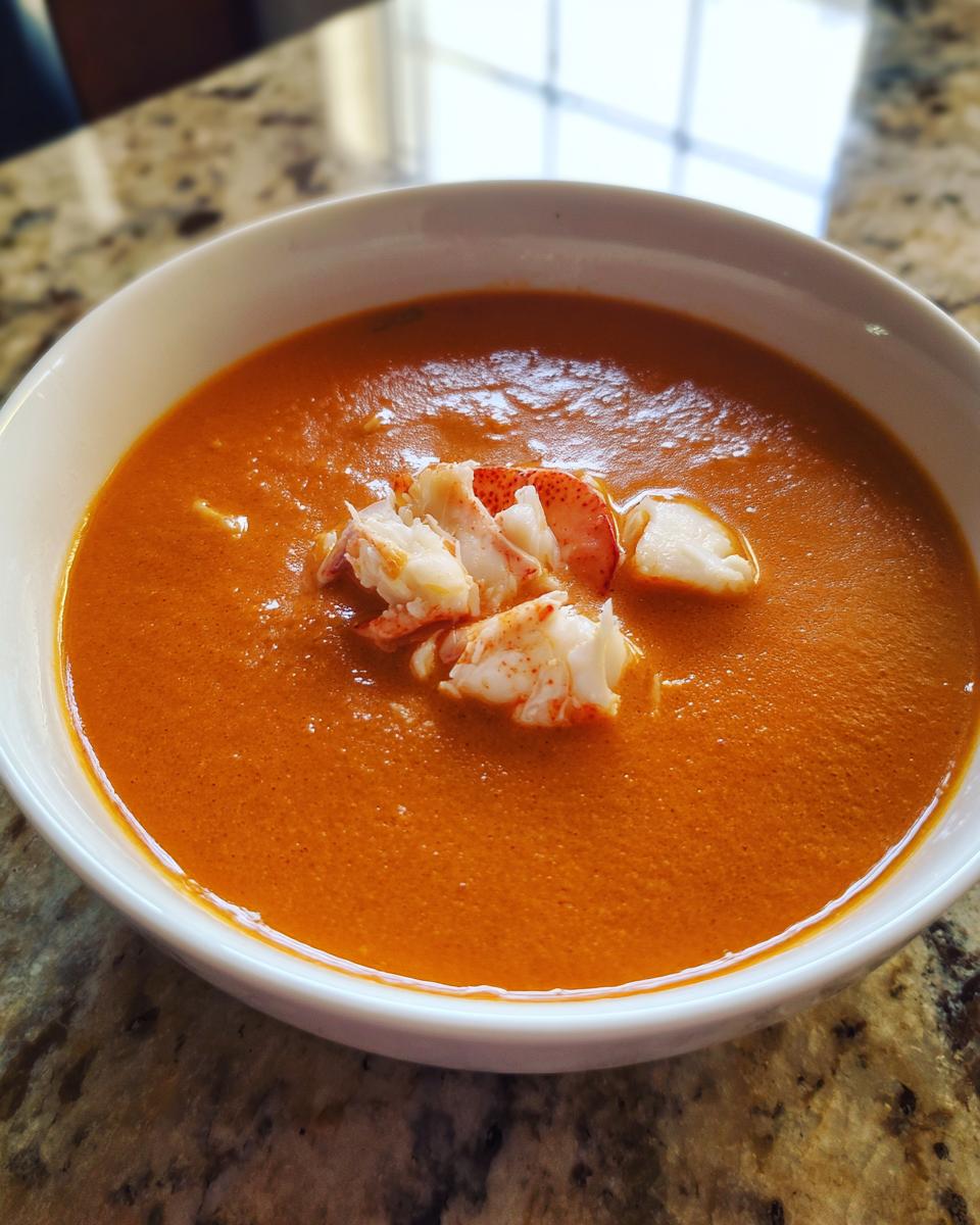 A close-up of a bowl of rich, orange-red Lobster Bisque garnished with chunks of white and pink lobster meat.
