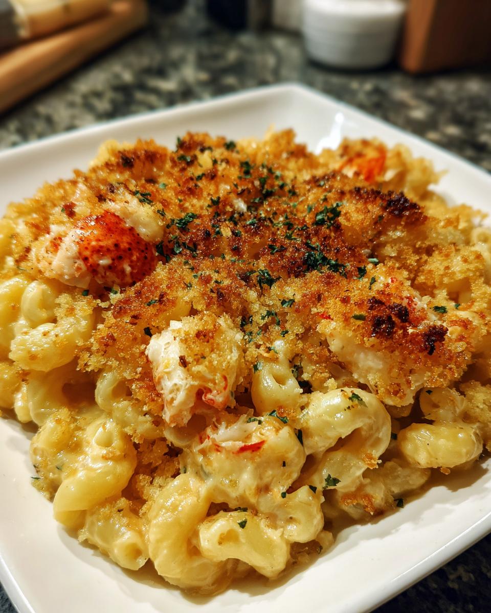 A close-up view of creamy Lobster mac and cheese topped with golden brown breadcrumbs and chunks of lobster meat.
