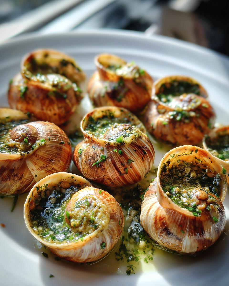 Close-up of several Roasted escargot with garlic butter served in their shells on a white plate.