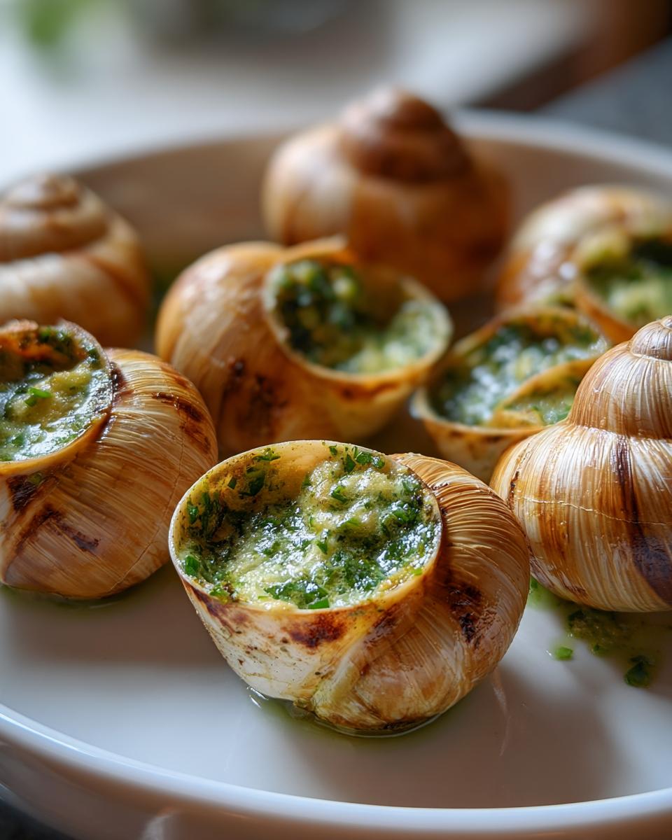 A close-up of several roasted escargot with garlic butter served in their shells on a white plate.