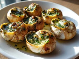 A close-up of six perfectly Roasted escargot with garlic butter served in their shells on a white plate.