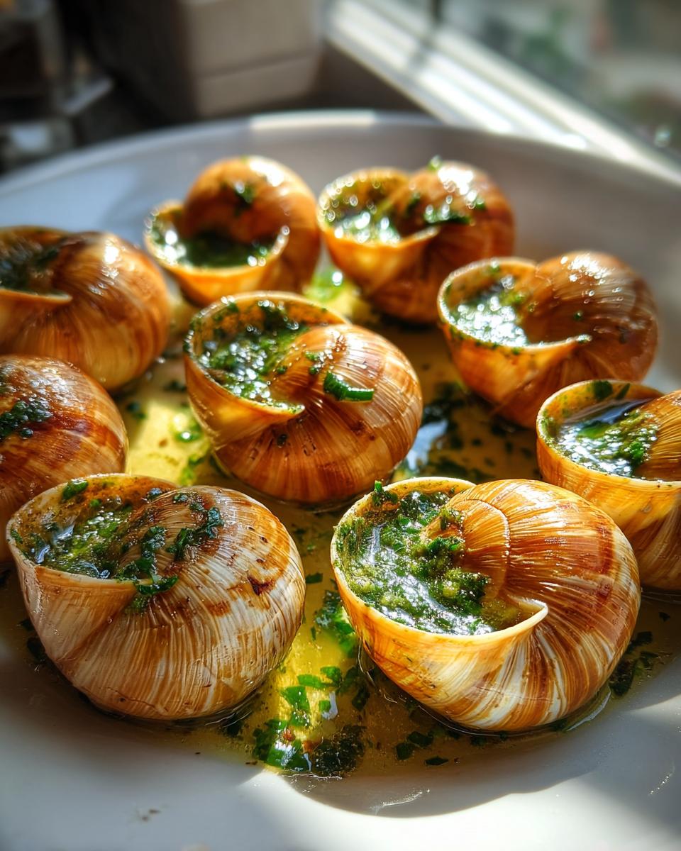 Close-up of several roasted escargot with garlic butter and fresh parsley served on a white plate.