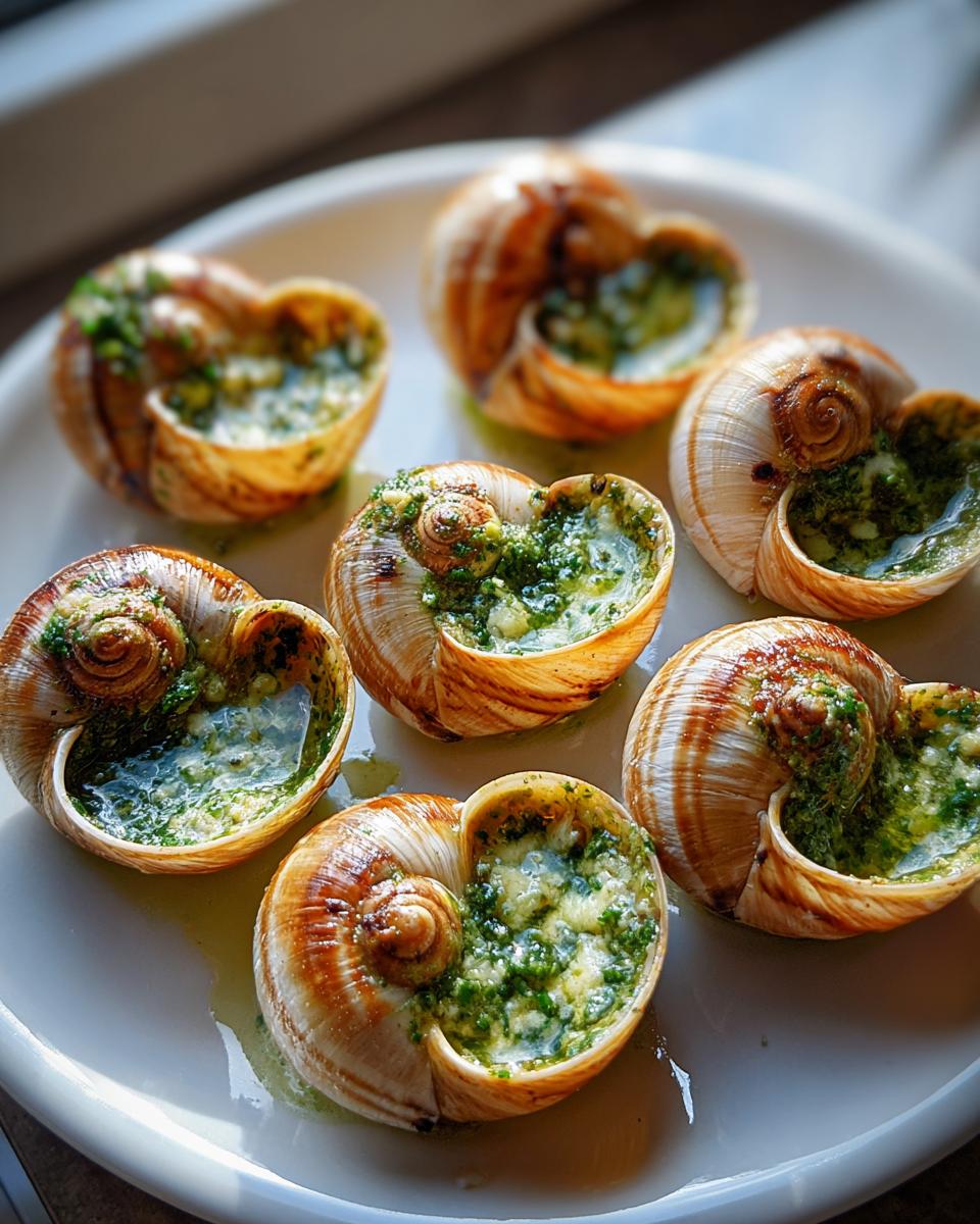 Six shells of roasted escargot with garlic butter, glistening with herbs and oil, served on a white plate.