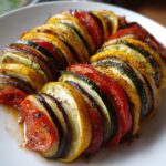 Close-up of beautifully arranged, colorful slices of roasted ratatouille featuring zucchini, eggplant, tomato, and yellow squash.