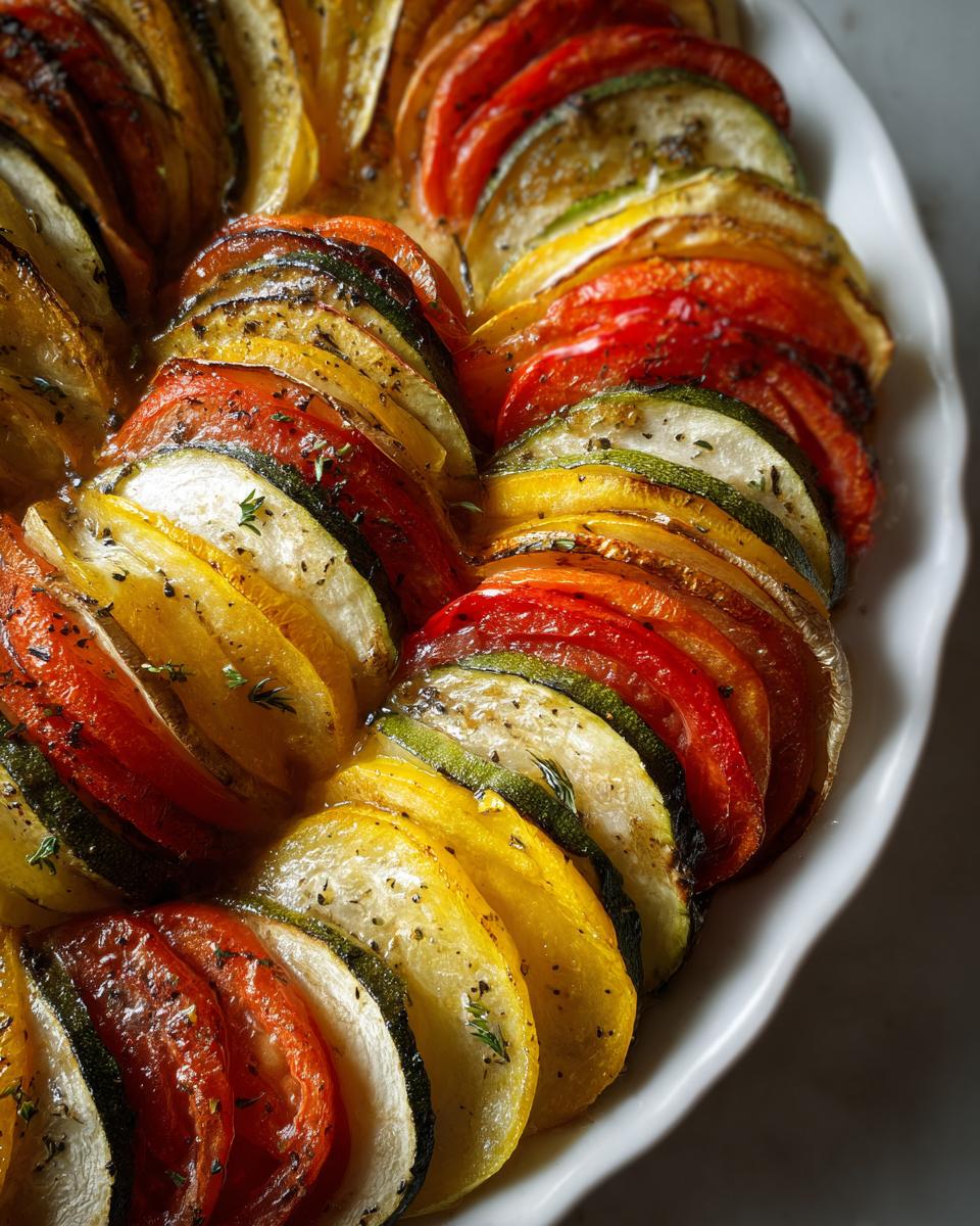 Close-up of a white baking dish filled with beautifully arranged, thinly sliced Roasted Ratatouille vegetables.