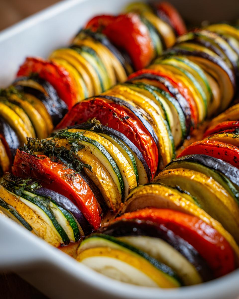 Close-up of beautifully arranged, thinly sliced vegetables in a white dish, showcasing the colorful layers of roasted ratatouille.