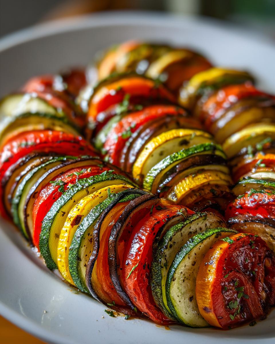 Close-up of perfectly arranged, colorful slices of Roasted Ratatouille featuring zucchini, eggplant, and tomato.