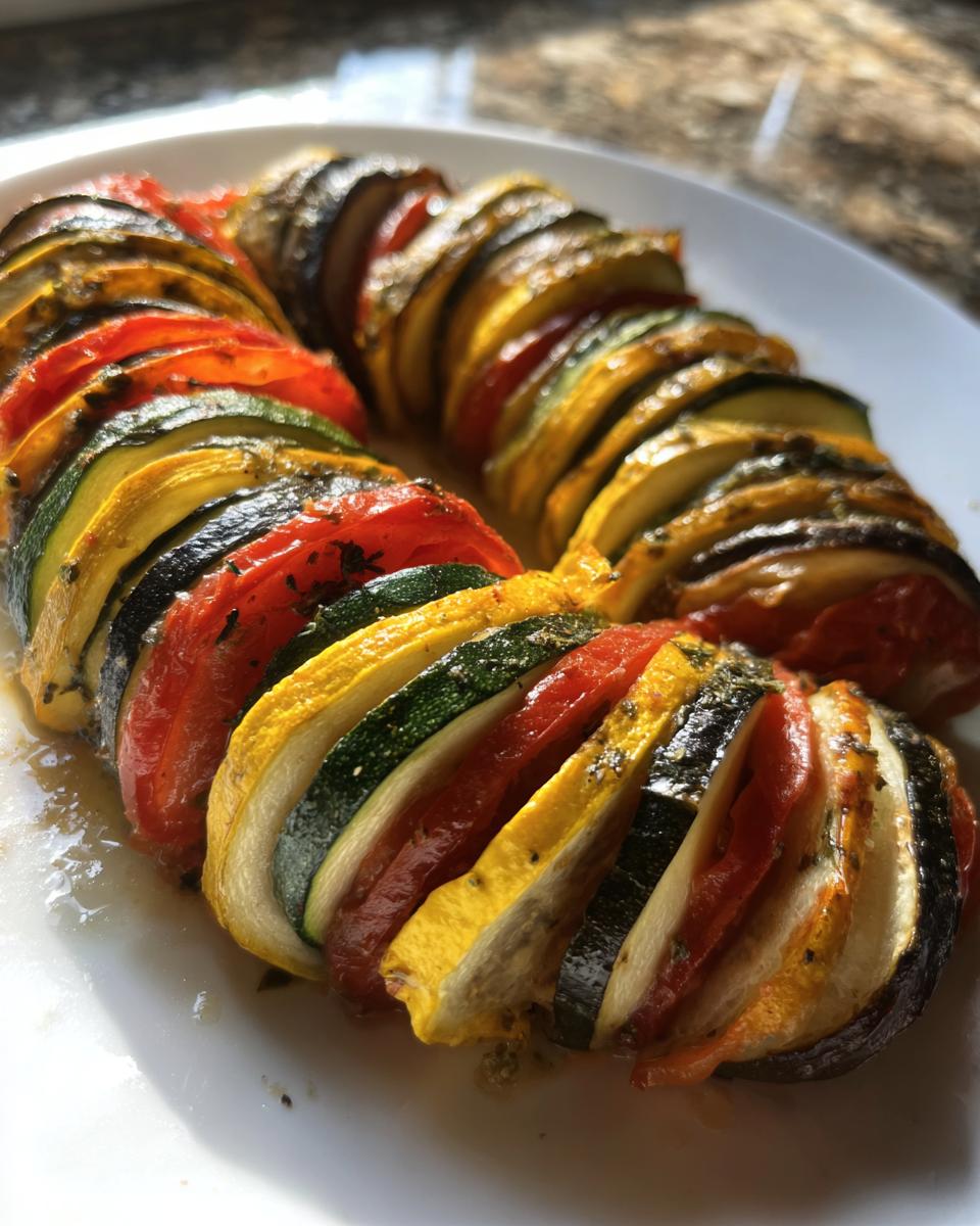 Two rows of perfectly arranged, thinly sliced vegetables forming a roasted ratatouille on a white plate.