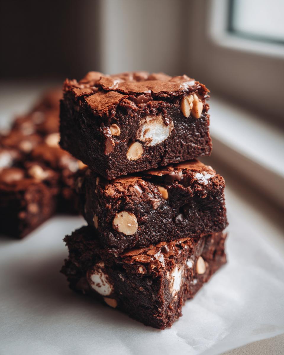 A stack of three fudgy Rocky Road Brownie bites showing marshmallows and nuts embedded in the chocolate.