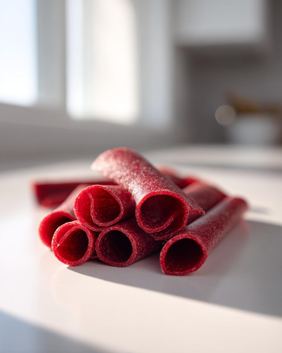 Close-up of several bright red, rolled pieces of homemade fruit leather stacked on a white counter.