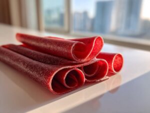Close-up of several rolled pieces of deep red Homemade fruit leather resting on a white surface near a window.