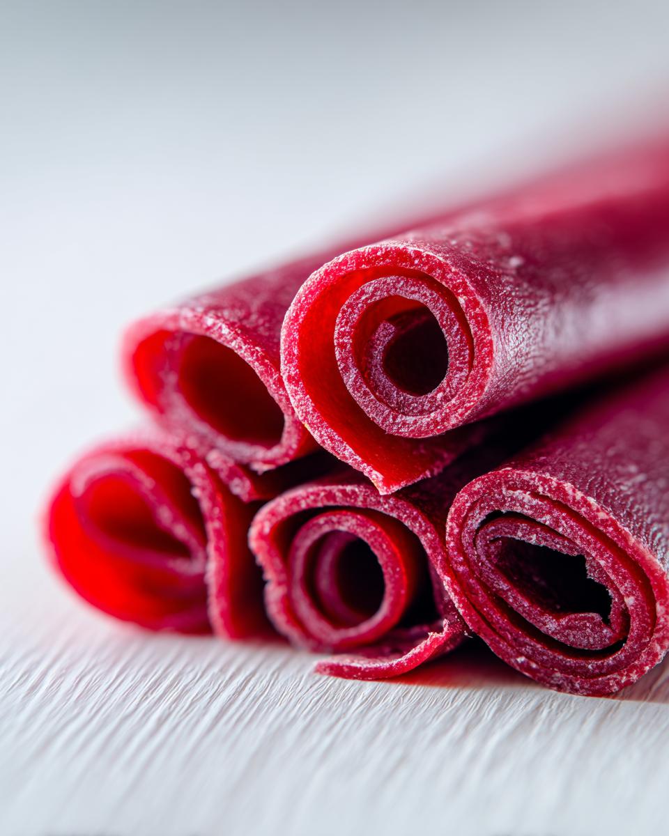 Close-up of several bright red, rolled slices of homemade fruit leather stacked on a white surface.