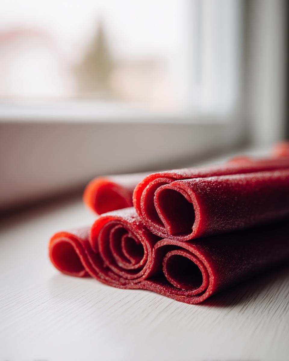 Close-up of bright red, rolled pieces of homemade fruit leather stacked on a light wooden surface.