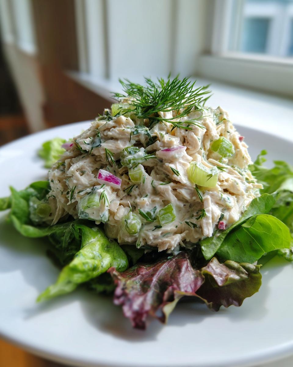 A scoop of creamy rotisserie chicken salad mixed with celery and red onion, topped with fresh dill, served on mixed greens.