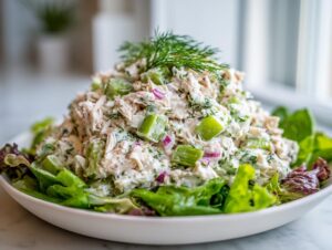 A generous mound of creamy rotisserie chicken salad mixed with celery and red onion, served atop fresh lettuce and garnished with dill.