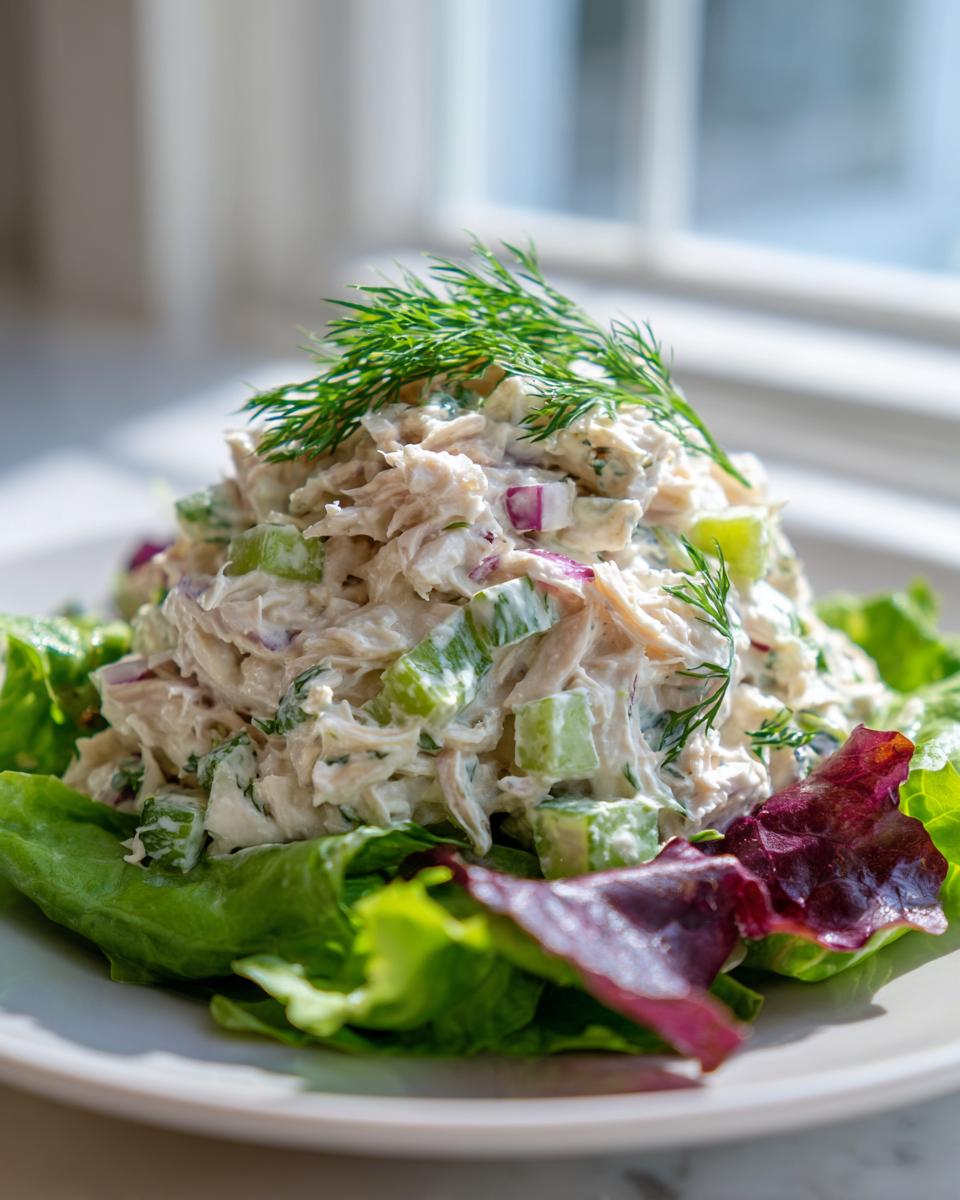 A scoop of creamy rotisserie chicken salad mixed with celery and red onion, served on a bed of crisp lettuce and garnished with dill.
