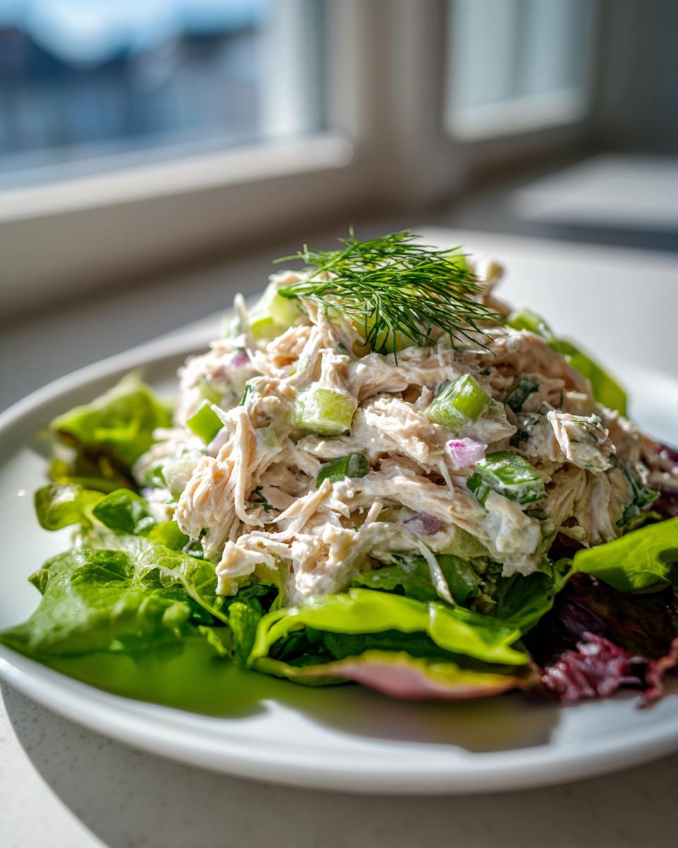 A mound of creamy rotisserie chicken salad with celery and onion, served atop crisp lettuce leaves and garnished with dill.