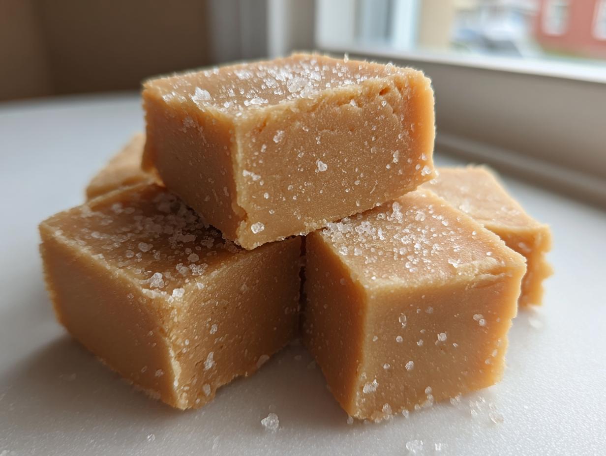 Close-up of several squares of smooth, light brown peanut butter fudge topped with coarse sea salt crystals.