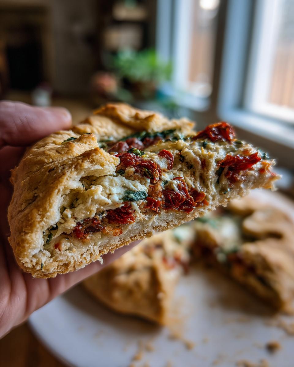 A hand holding a thick slice of savory sun-dried tomato galette, showing the flaky crust and rich filling.