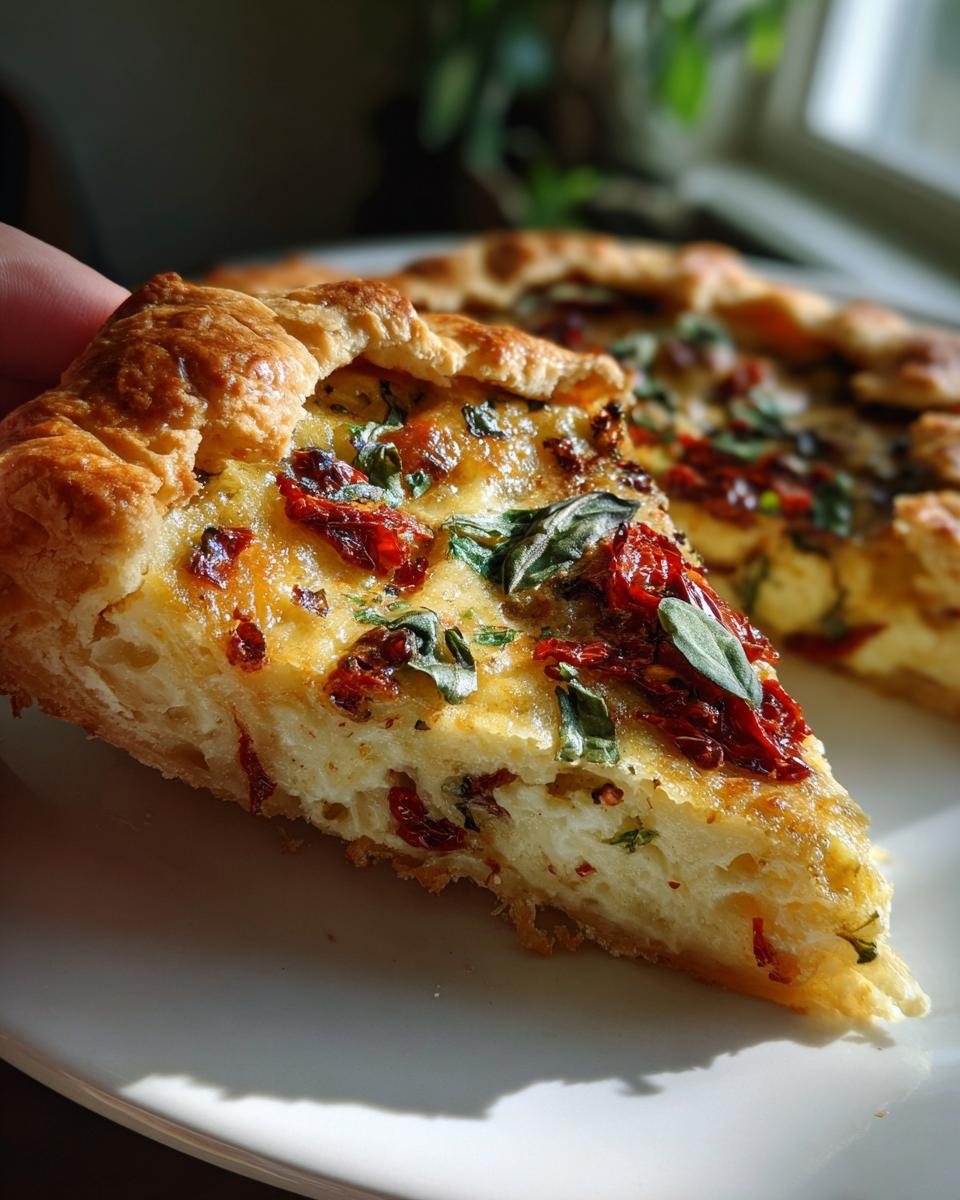 A hand holding a flaky slice of savory sun-dried tomato galette showing the creamy filling and golden crust.