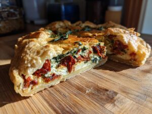 A close-up view showing the flaky crust and filling of a savory sun-dried tomato galette, cut open on a wooden board.