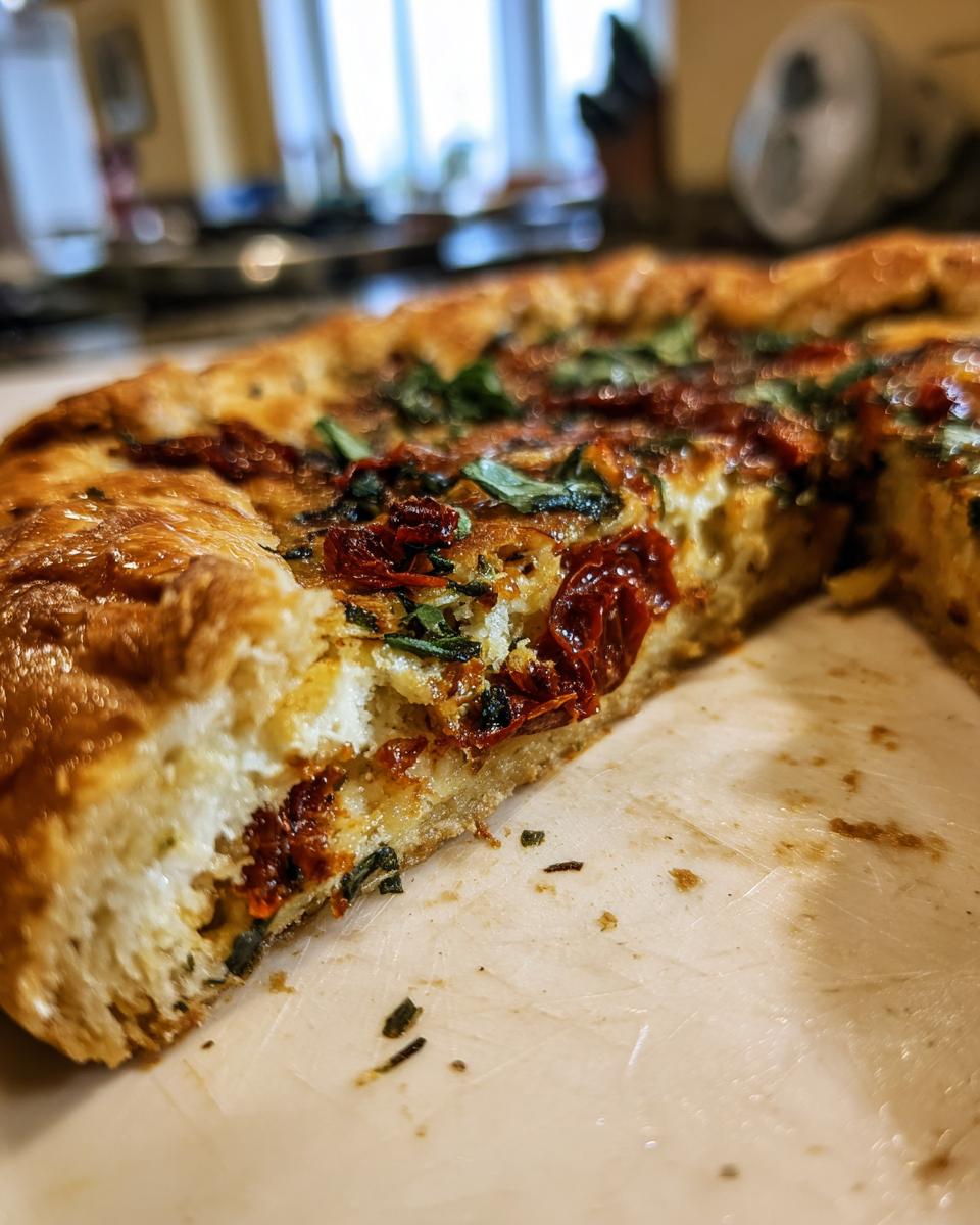 A close-up cross-section view of a slice taken from a savory sun-dried tomato galette, showing flaky crust and filling.