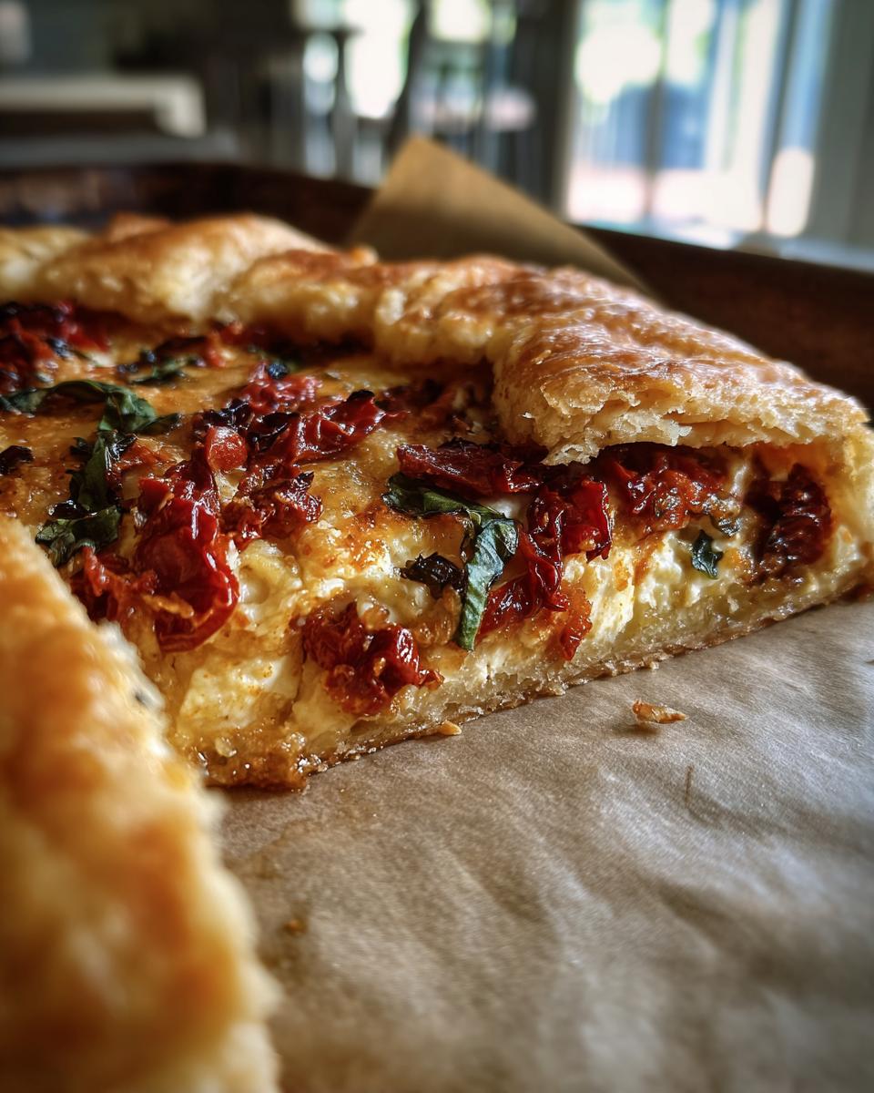 Close-up cross-section of a flaky Savory sun-dried tomato galette showing creamy filling and bright red tomatoes.