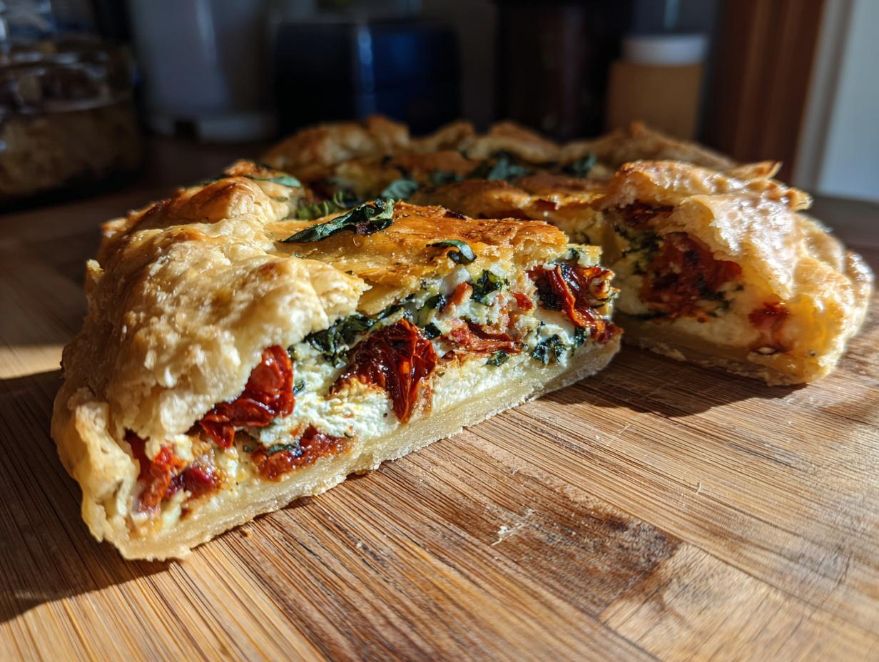 A close-up view showing the flaky crust and filling of a savory sun-dried tomato galette, cut open on a wooden board.