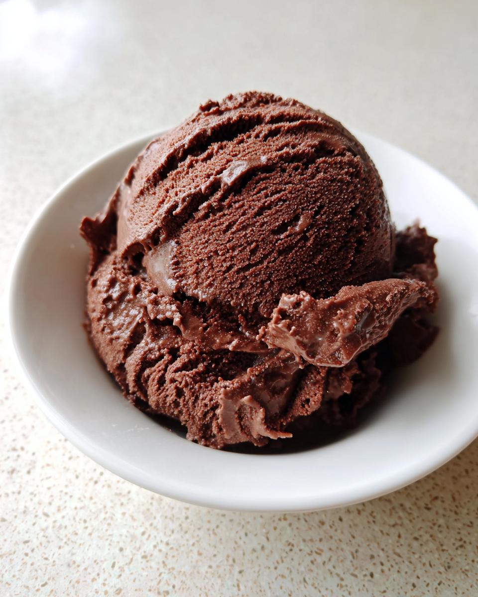 A perfectly scooped portion of rich, dark No churn chocolate ice cream served in a small white bowl.