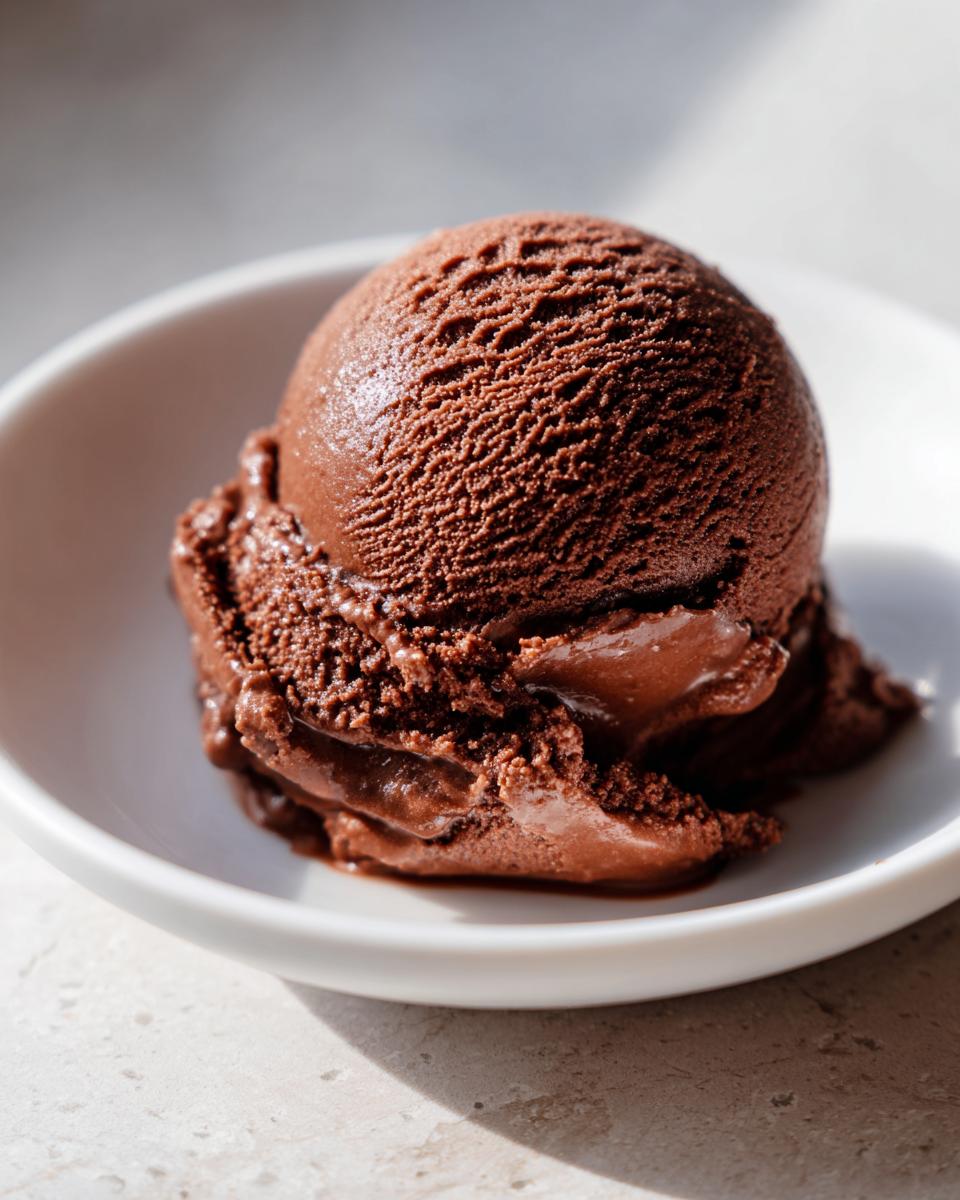 A perfectly scooped ball of rich, dark No churn chocolate ice cream melting slightly in a small white bowl.