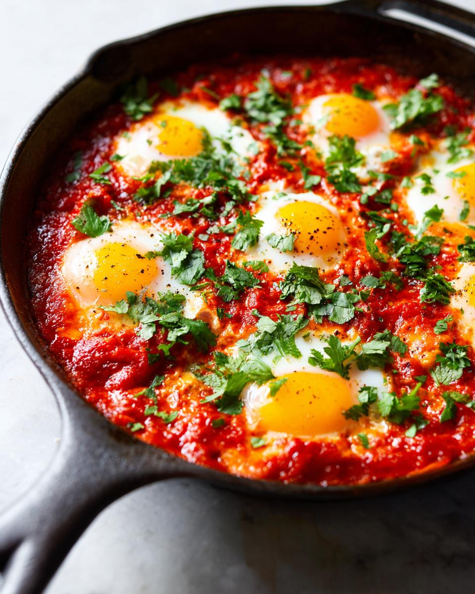 Close-up of vibrant red Shakshuka with six perfectly poached eggs and fresh cilantro garnish in a black cast iron pan.