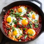 Close-up overhead view of vibrant Shakshuka with six poached eggs in a rich tomato sauce, garnished with fresh cilantro.