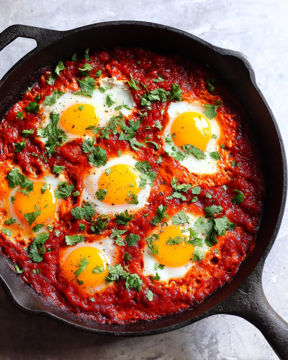 Overhead view of vibrant red Shakshuka with five perfectly poached eggs and fresh cilantro garnish in a black cast iron skillet.