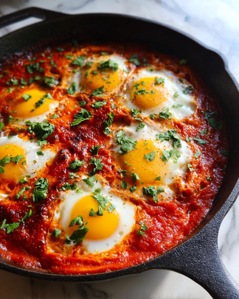 Close-up overhead shot of six perfectly poached eggs in rich, red tomato sauce, garnished with fresh parsley, ready to serve Shakshuka.