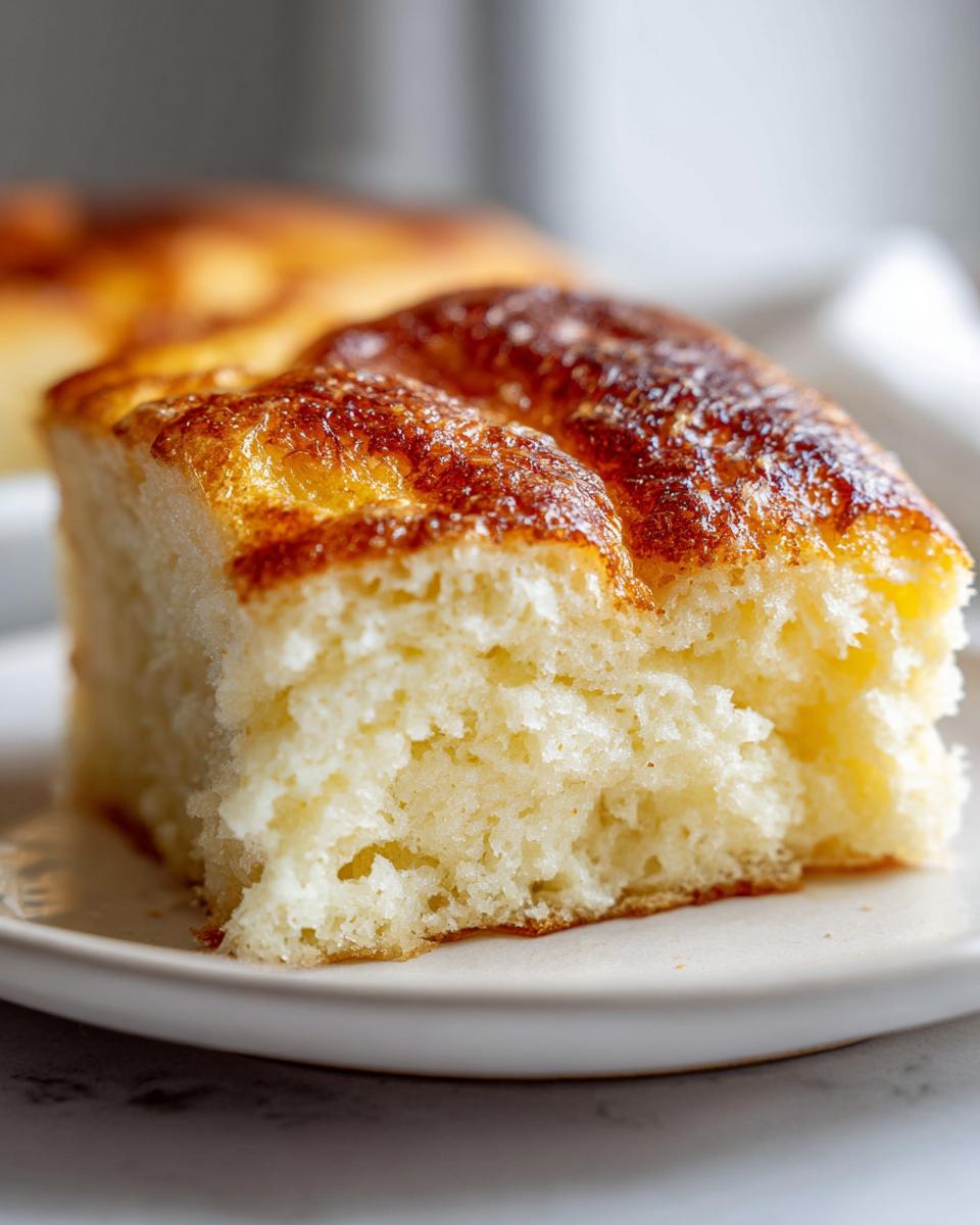 A close-up view of a thick, fluffy slice of sheet pancakes showing a moist interior and a deeply caramelized, golden-brown top crust.