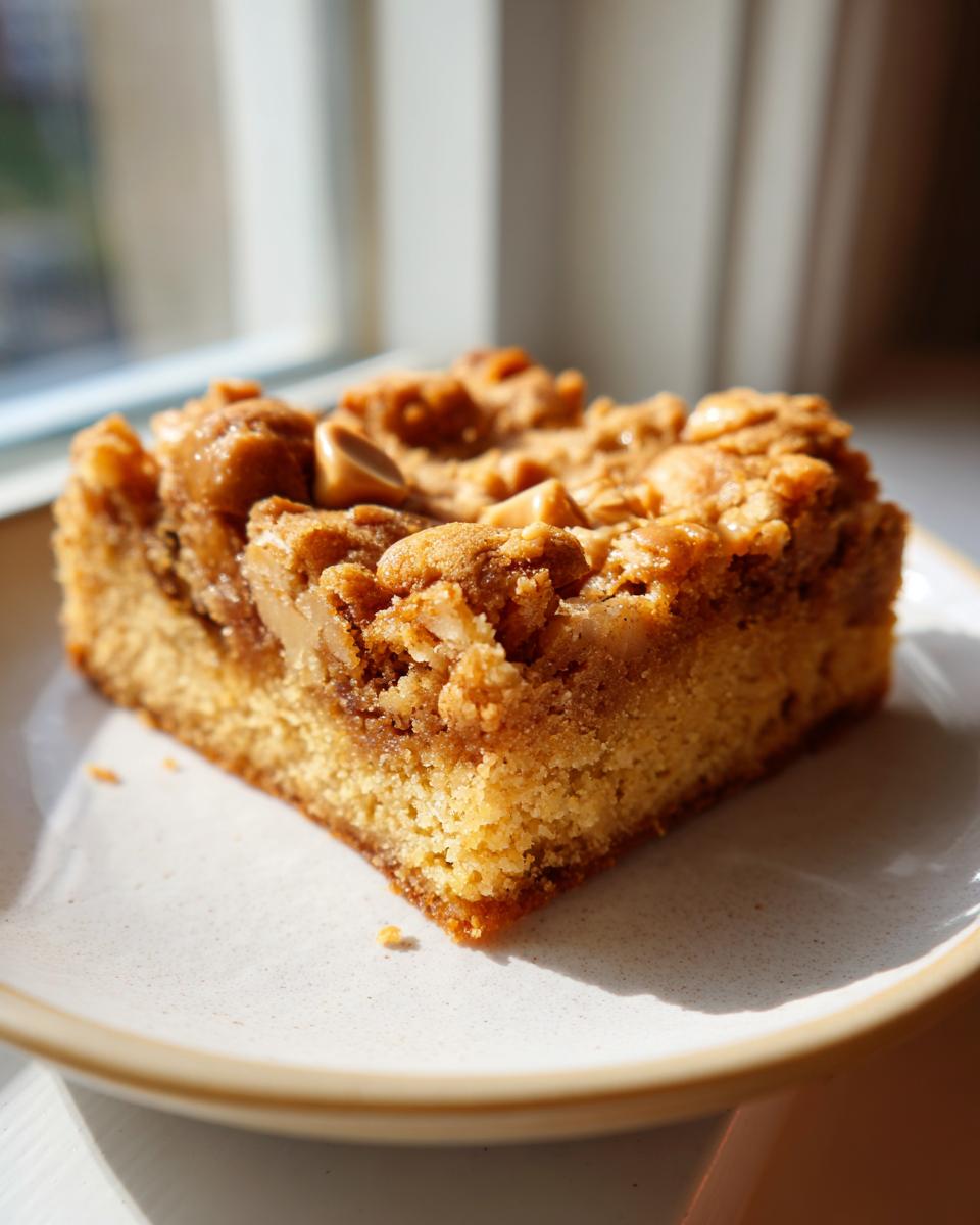 A close-up of a thick, square slice of rich butterscotch blondies with a crumbly, butterscotch chip topping.