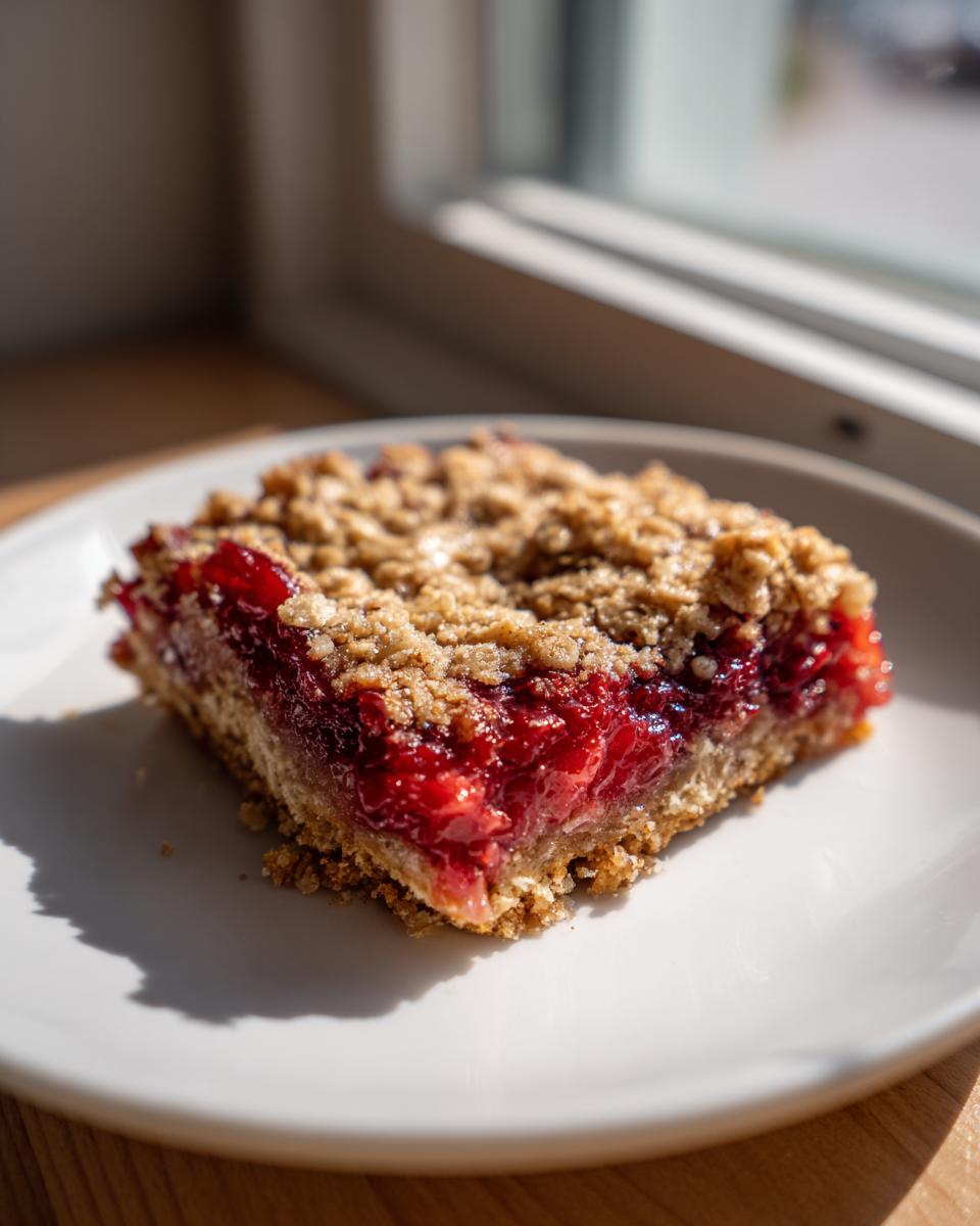 A single square of cherry cobbler bars featuring a thick, bright red cherry filling and a golden brown oat crumble topping.