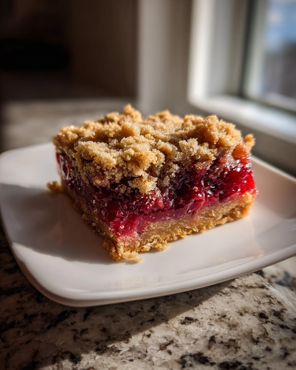A close-up of one delicious cherry cobbler bars square with a thick, bright red cherry filling and a golden brown crumb topping.