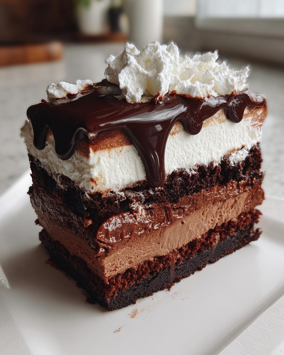 Close-up of a decadent slice of chocolate ice cream cake with layers of cake, mousse, whipped cream, and chocolate ganache.