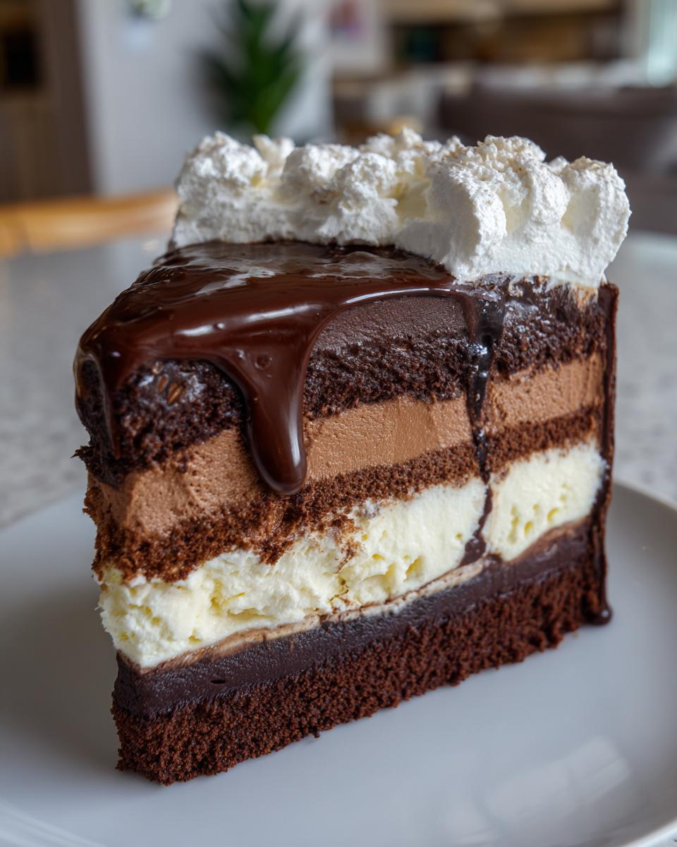 Close-up of a decadent slice of 3-layer chocolate ice cream cake with chocolate fudge and whipped cream.