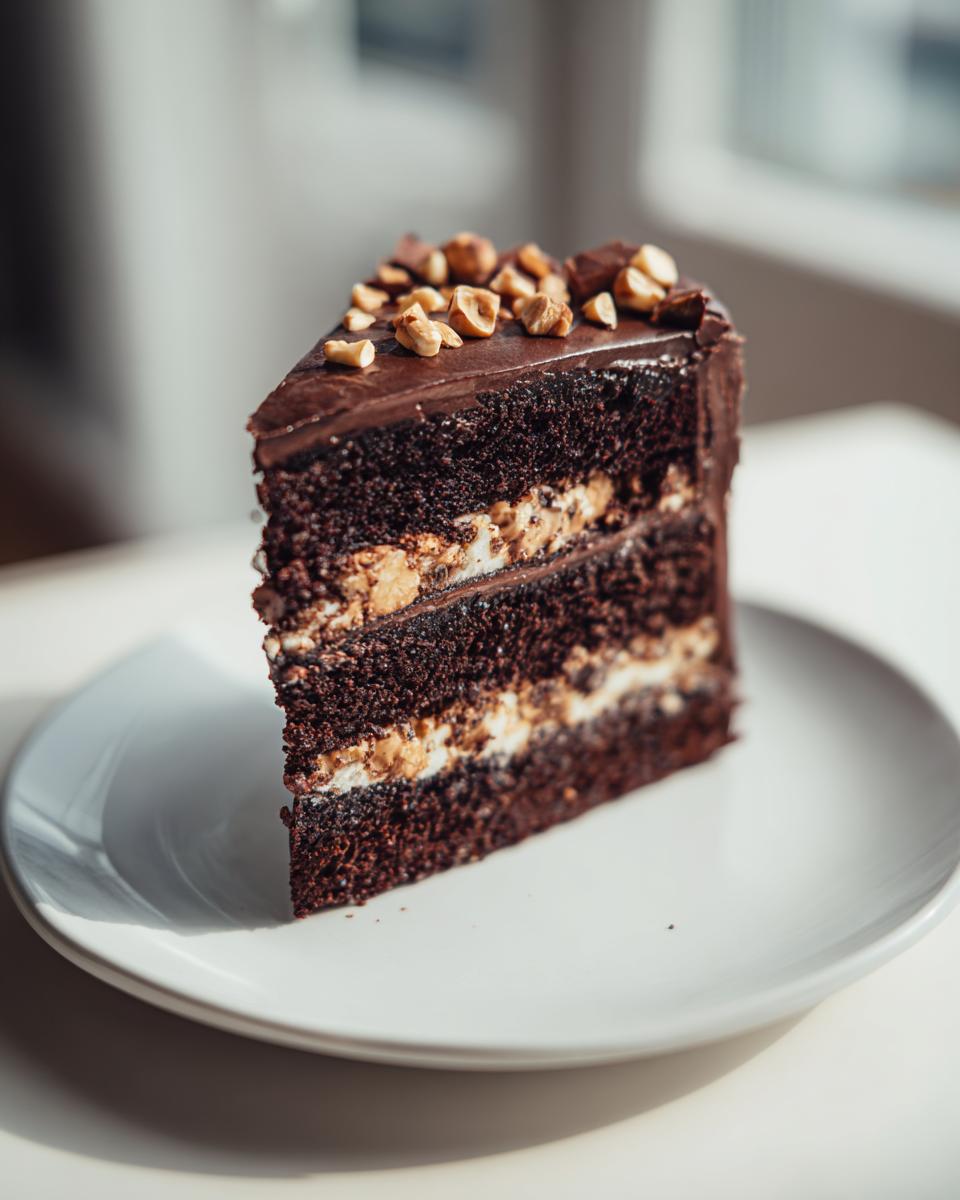 A tall slice of dark chocolate hazelnut cake with creamy filling layers and chopped hazelnuts on top.