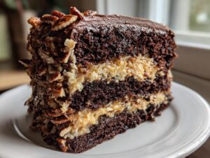 A tall slice of moist German chocolate cake showing two layers of filling with coconut and pecans.