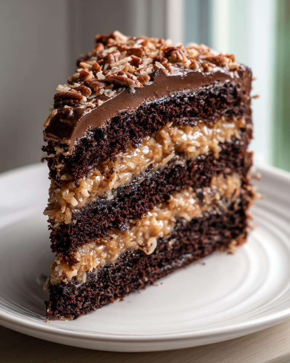 A decadent slice of German chocolate cake showing three layers of dark chocolate cake separated by coconut-pecan filling.