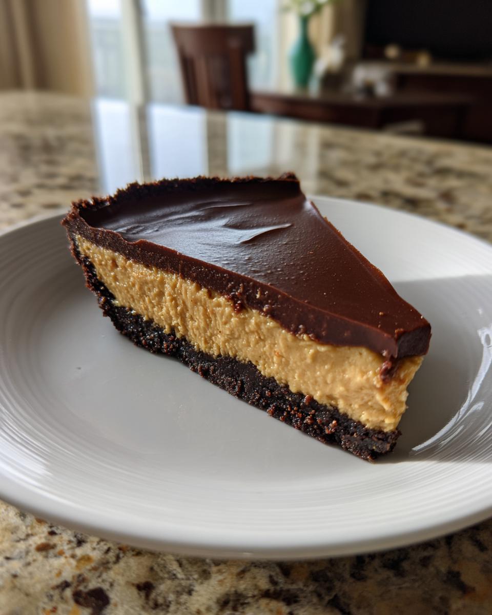 A close-up of a perfect slice of peanut butter chocolate tart with a dark crust, creamy filling, and chocolate ganache topping.